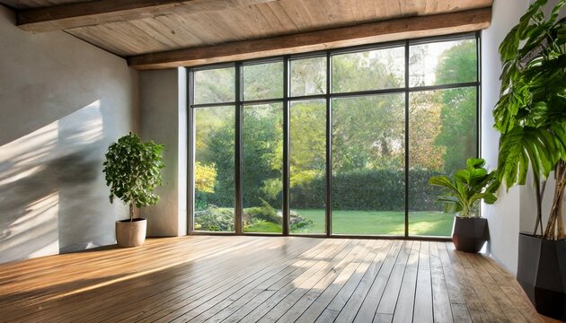 Fototapeta empty room of modern contemporary loft with wooden floor and large windows to garden copy space generative ai