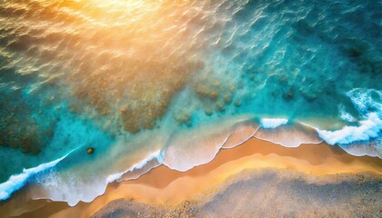 abstract sand beach from above with light blue water wave and sun lights summer vacation background concept generative ai
