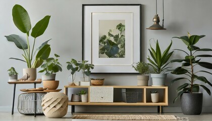 beautiful plants in various pots are shown in a stylish scandinavian environment together with a design cabinet a mock up photo frame and attractive accessories modern interior design a minimalist - obrazy, fototapety, plakaty