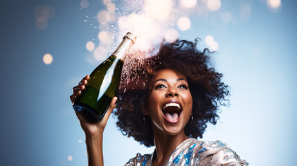 Happy black woman celebrating new year with a bottle of champagne in hand   - Powered by Adobe