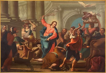 Badezimmer Foto Rückwand VICENZA, ITALY - NOVEMBER 6, 2023: The painting of Cleansing the Temple n the church Chiesa di San Filippo Neri by unknown artist.   © Renáta Sedmáková