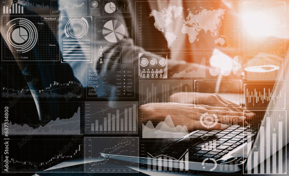Poster big data technology for business finance analytic concept. modern interface shows massive informatio