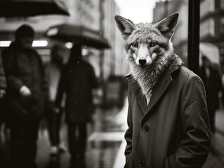A fox with a coat is walking in the street.