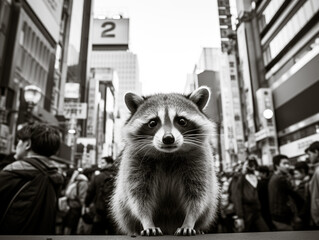 A black and white photo of a raccoon looking at the camera with a very urban background. - obrazy, fototapety, plakaty
