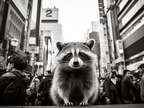 A black and white photo of a raccoon looking at the camera with a very urban background.