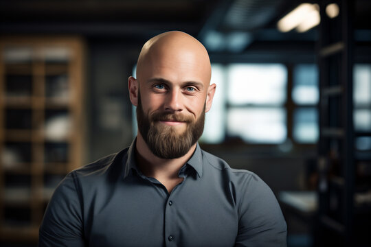 A modern and elegant bald man, smililing, with a beard, 30 years old. office background