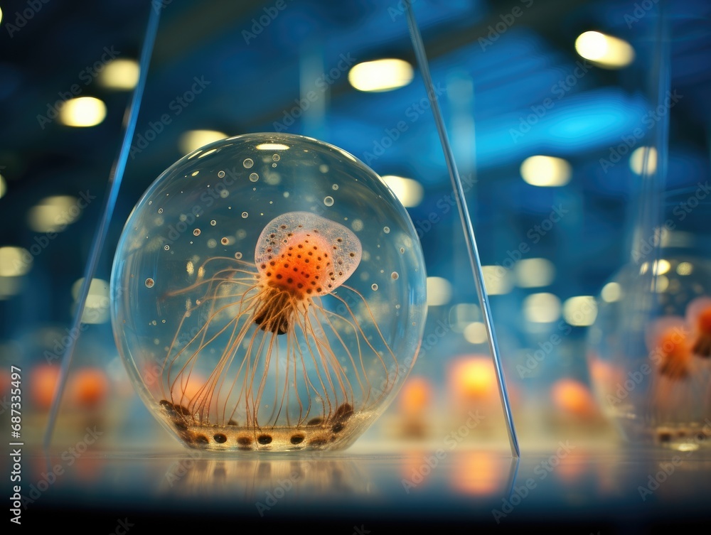 Poster a jellyfish in a glass ball on a table. generative ai.