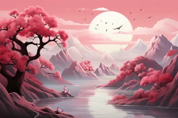 Stickers pour porte Lavende Pink Landscape with Majestic Mountains and a Serene River in an Generative AI
