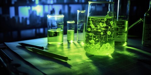 A table topped with glass beakers filled with green liquid. Generative AI.