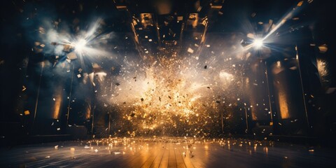 A stage with a lot of lights and confetti. Generative AI.