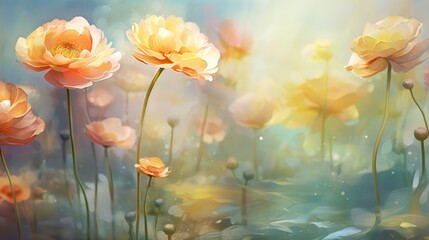 Obraz premium A painting of orange flowers in a field. Generative AI.