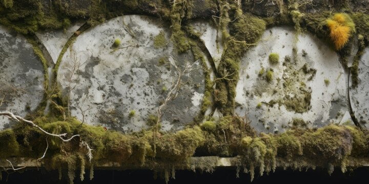 Moss growing on the side of a stone wall. Generative AI.