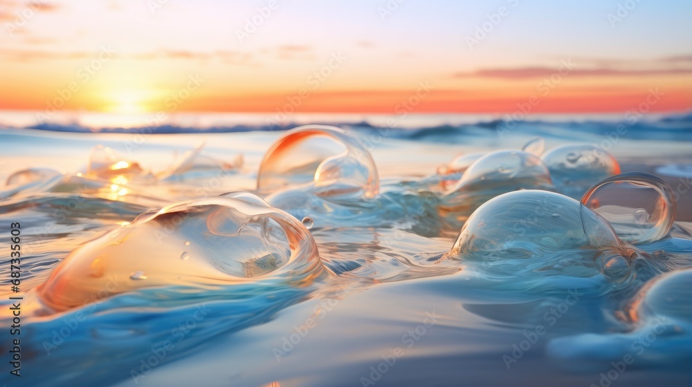 Poster a bunch of bubbles floating on top of a beach. generative ai.