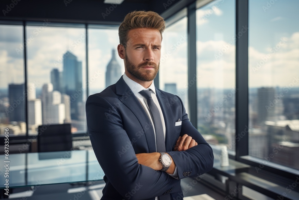 Poster a man in a suit standing in front of a window. generative ai.