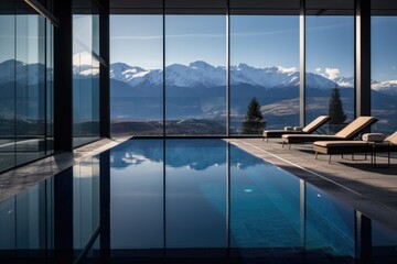 Pool overlooking snowy mountains