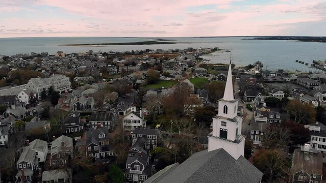 Aerial Flight Above Town of Nantucket, Nantucket Island, Massachusetts, USA. 4K