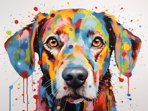 A Vibrant Print of a Dog Made of Brightly Colored Paint Splatters