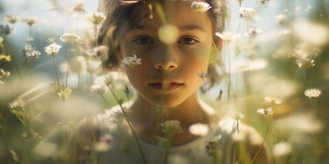 child's innocent face superimposed with a field of wildflowers - obrazy, fototapety, plakaty