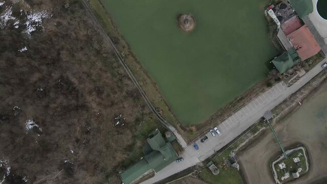 Top view of a lake with small island in Ub, Serbia