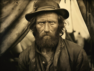 Gold rush miner, scruffy beard, wide eyes filled with hope, felt hat, canvas tent in the background - obrazy, fototapety, plakaty