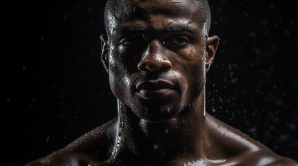male boxer, glistening sweat, stark contrast, defined muscle tone, black background