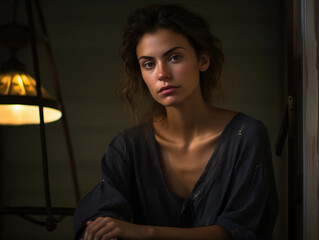 contemplative artist, subtle rim light, deep shadows, painterly texture, intense gaze