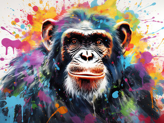 A Vibrant Print of a Chimpanzee Made of Brightly Colored Paint Splatters