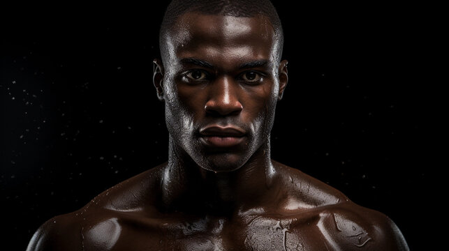 male boxer, glistening sweat, stark contrast, defined muscle tone, black background