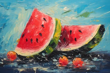 palette knife textured painting watermelon illustration Sliced watermelon Close-up of fresh slices of red watermelon - obrazy, fototapety, plakaty