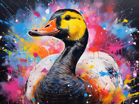 A Vibrant Print of a Goose Made of Brightly Colored Paint Splatters