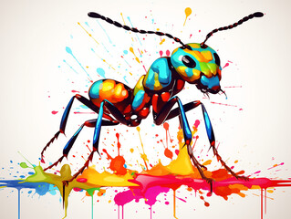 A Vibrant Print of an Ant Made of Brightly Colored Paint Splatters