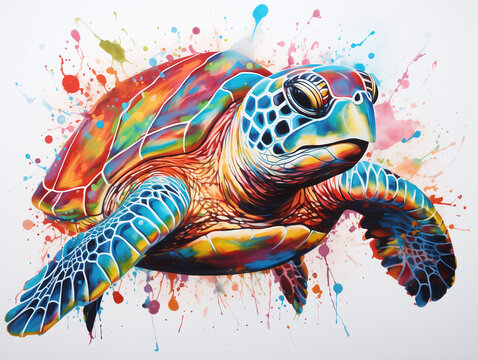A Vibrant Print of a Sea Turtle Made of Brightly Colored Paint Splatters
