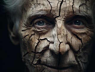 elderly face with lines of a tree bark, depicting the texture of time