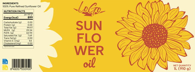 The finished label of sunflower oil on the bottle. Sunflower oil packaging design.