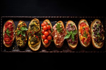 set of different bruschettas with prosciutto, salmon, tomatoes and avocado on a dark background....