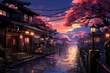 Serene Nighttime Street with Oriental Cherry Blossom Trees Generative AI