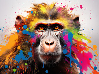 A Vibrant Print of a Baboon Made of Brightly Colored Paint Splatters