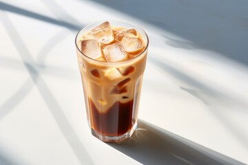 Iced coffee in a tall glass with sunlight casting shadows