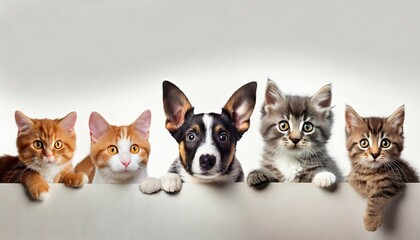 cats and dogs peeking over white edge web banner cute pets white background - obrazy, fototapety, plakaty