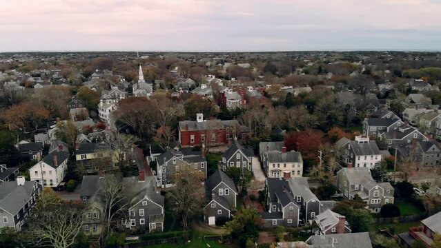 Aerial Flight Above Town of Nantucket, Nantucket Island, Massachusetts, USA. 4K