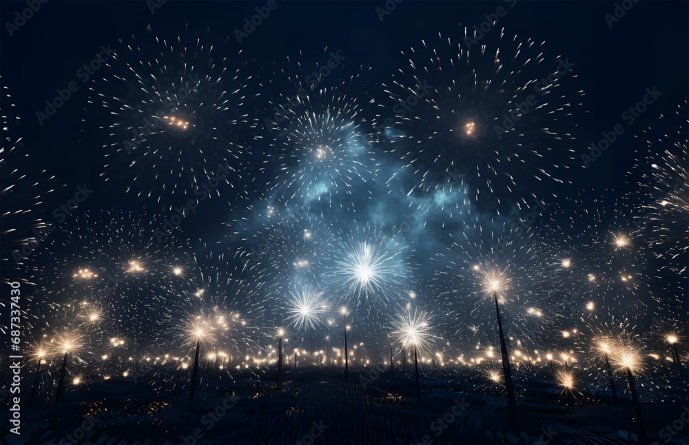 Wall mural fireworks explode in the black sky ai generative