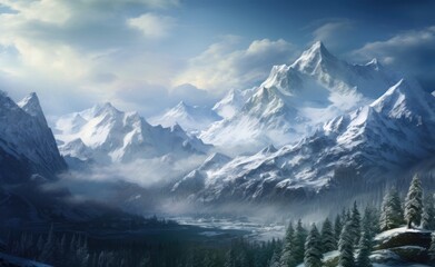 Misty mountain valley with majestic snow-covered peaks rising above a serene pine forest under a soft, illuminated sky