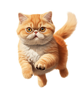 Playful Orange Exotic Shorthair Persian Cat Jumping Mid-Air