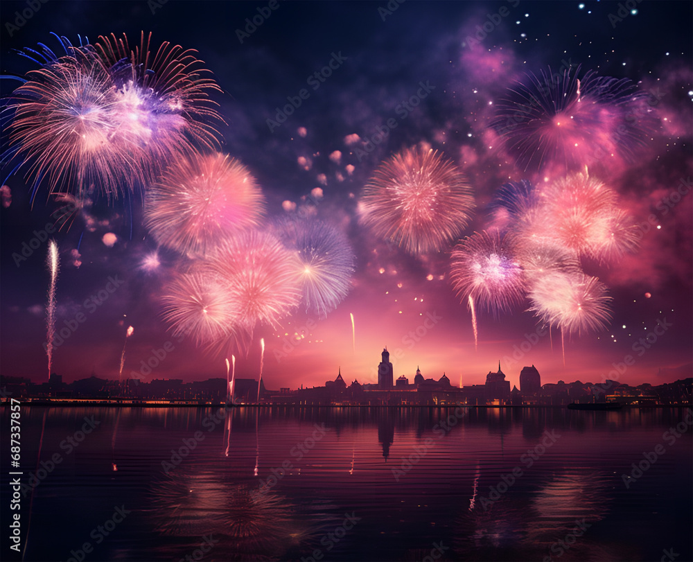 Wall mural fireworks explode in the purple sky ai generative