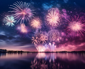 Fototapeta na wymiar fireworks explode in the purple sky ai generative