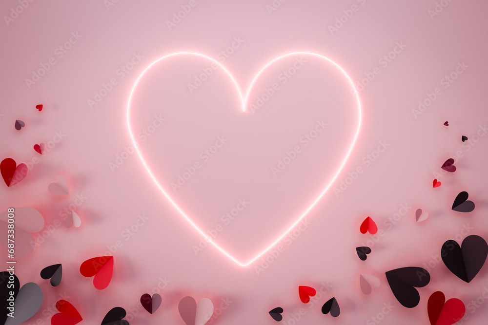 Poster copy space background wrapped in a neon heart-shaped frame for valentine's day and surrounded by hea