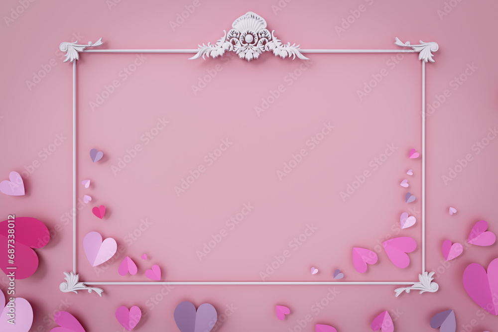 Poster romantic copyspace background with classic shaped frame with heart shapes, 3d rendering