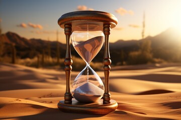 Sandglass in the desert. Sand clock in the desert. 3d rendering, Ai Generated - Powered by Adobe
