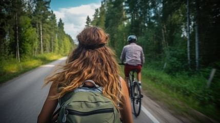 Fototapeta premium guy and girl riding bicycles generative ai