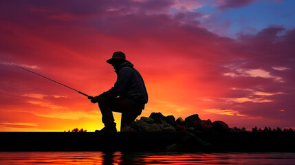 silhouette of a fisherman with a fishing rod against the background of a crimson sunset sky generative ai